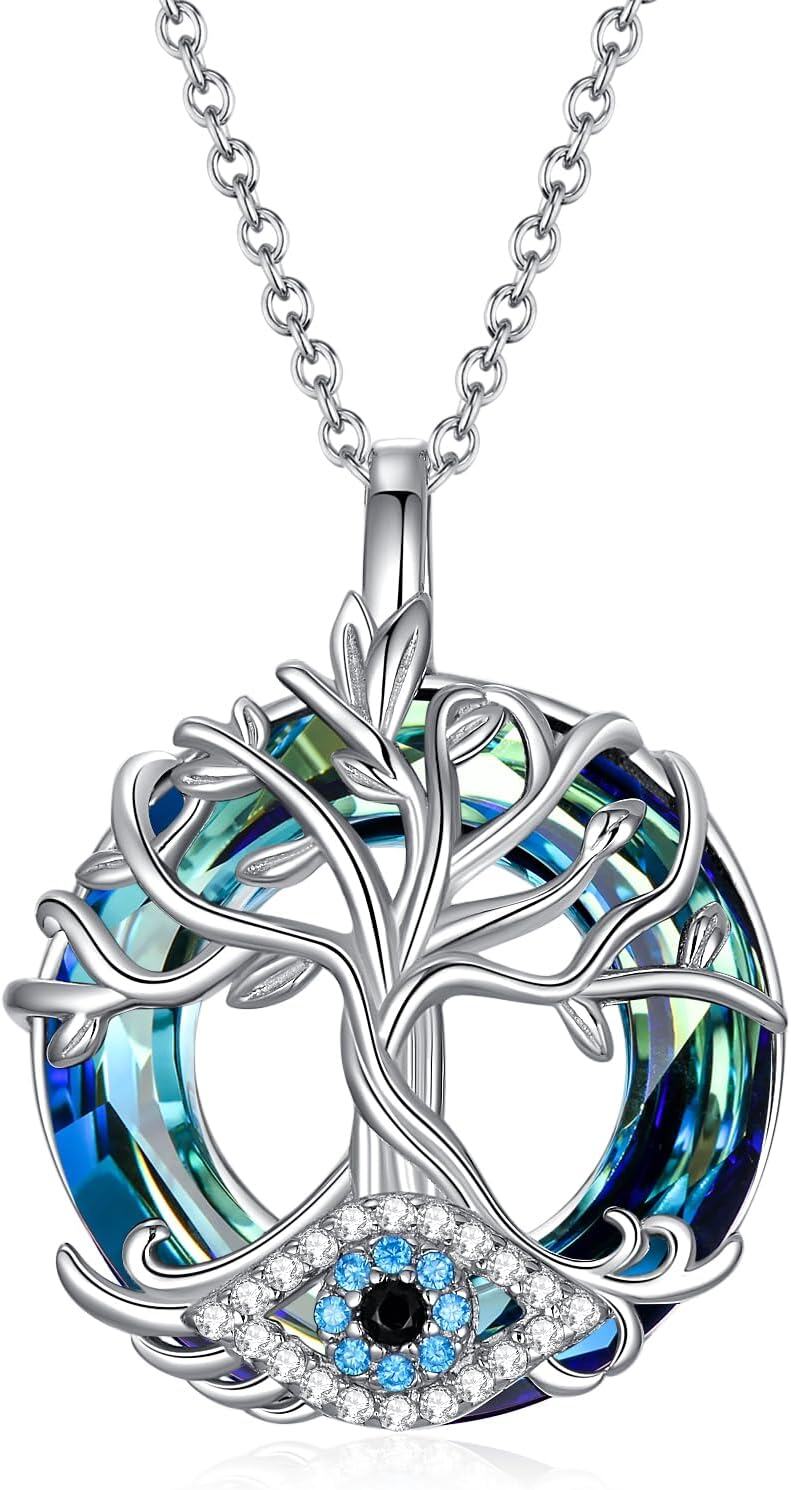 Sterling Silver Crystal Evil Eye Necklace Pendant for Women Protection Good Luck Gift-C-Tree of Life·Evil Eye -Blue Crystal