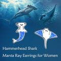 wholesale 925 Sterling Silver Shark Stud Earrings with Blue Opal Stone - Cute Ocean Life  for Her-0-1