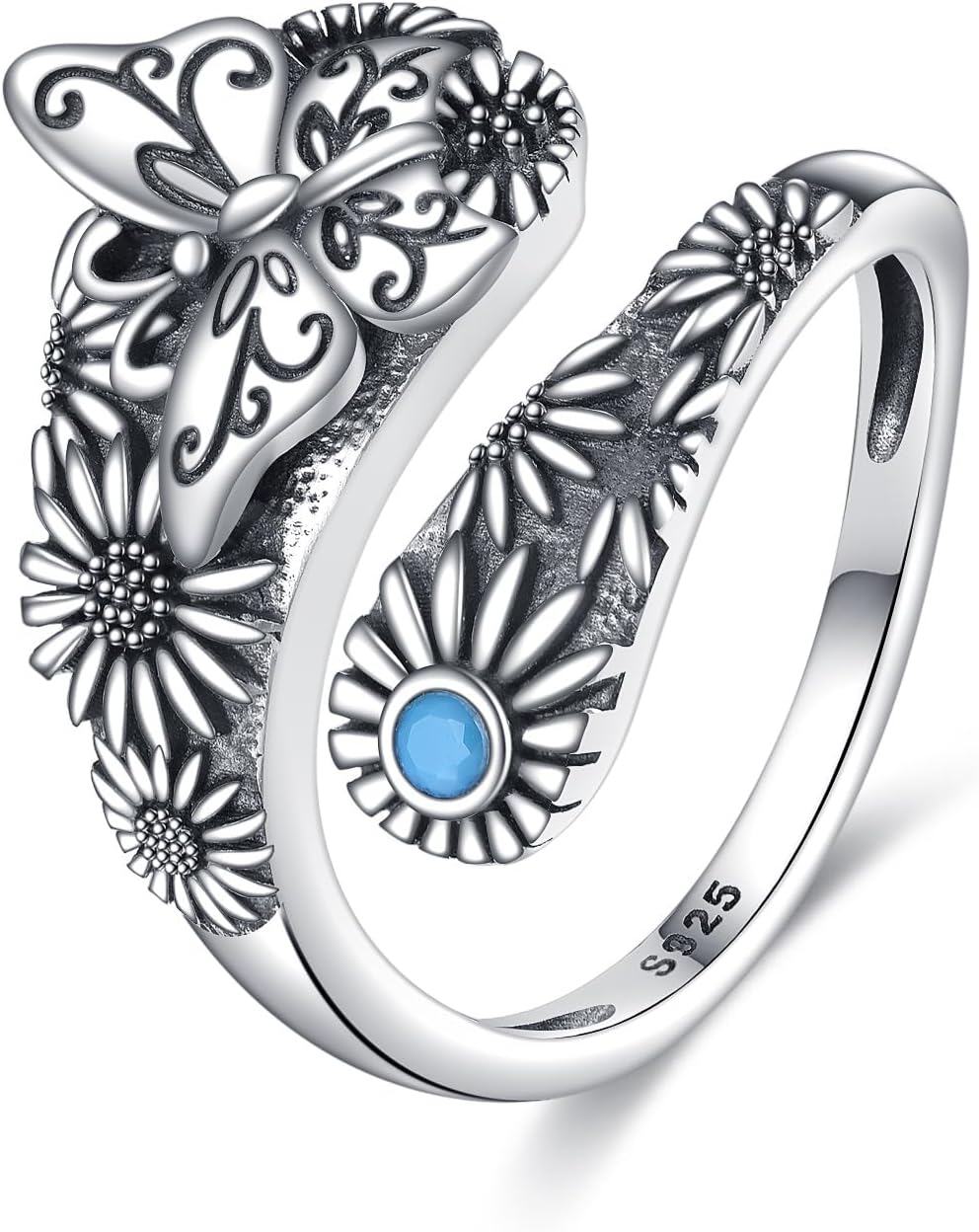 Sterling Silver Turquoise Highland Cow Dragon Butterfly Owl Spinner Ring for Women Birthday Mothers Day Gifts for Mom-3-Butterfly Turquoise Ring # 3