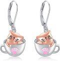 wholesale 925 Sterling Silver Cat in Coffee Mug Dangle Drop Earrings Gift for Her-0-0