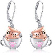 wholesale 925 Sterling Silver Cat in Coffee Mug Dangle Drop Earrings Gift for Her-Cat