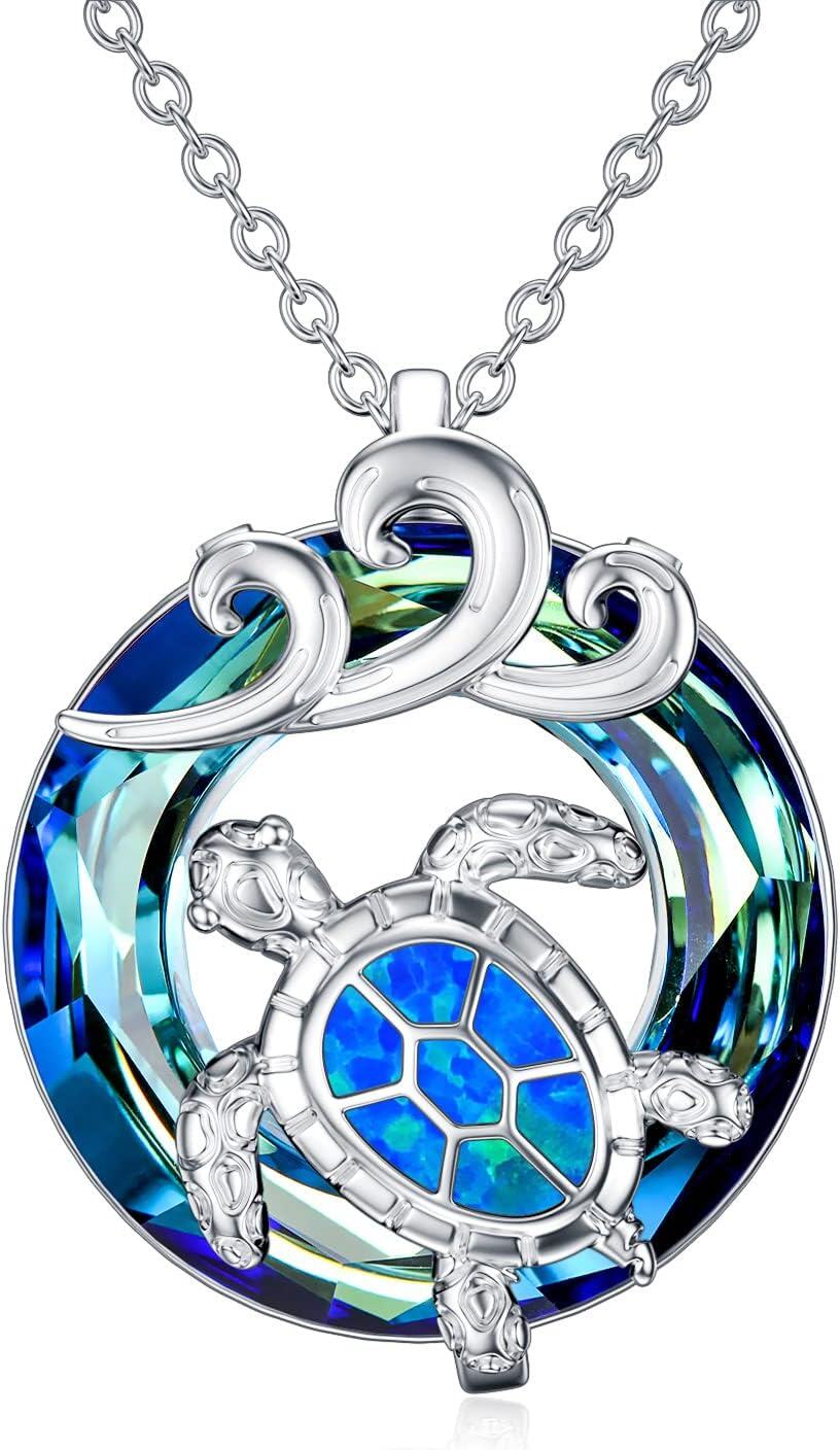 Sterling Silver Crystal Turtle Necklace for Women-Blue-wave