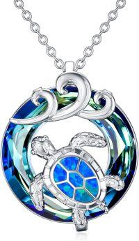 wholesale 925 Sterling Silver Blue Opal Crystal Sea Turtle Pendant Necklace for Women-Blue-wave