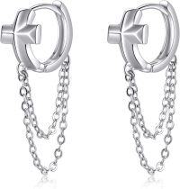 wholesale 925 Sterling Silver Chain Cross Huggie Hoop Earrings for Women Men Minimalist  4cm Diameter-cross with chain