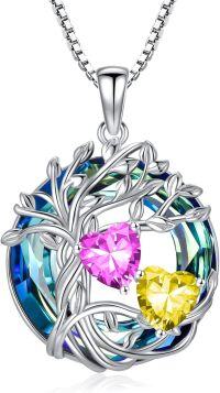 wholesale 18K White Gold Filled Sterling Silver Family Tree Pendant with 2 Heart Birthstones Blue Austrian Crystal Necklace for Women-10-11-Oct-Nov Birthstone