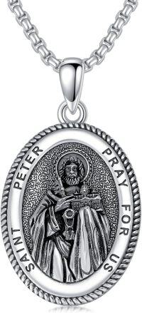 wholesale Sterling Silver Saint Medal Oval Necklace for Men Women Religious Jewelry-03-Saint Peter Necklace