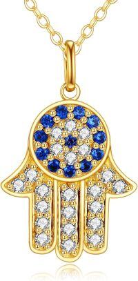 wholesale 14K Gold Blue and White Crystal Evil Eye Hand Pendant Necklace for Women-Gold-Hamsa Hand Necklace