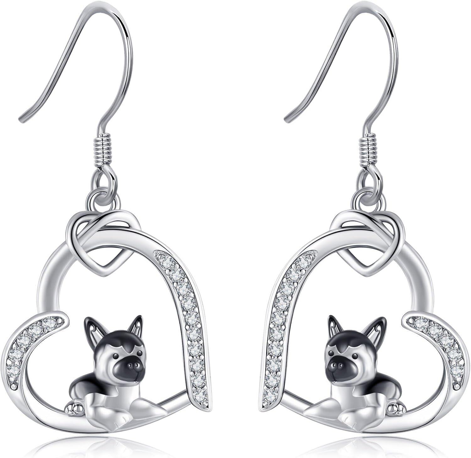 Sterling Silver Dog Earrings w Heart Dachshund Greyhound German Shepherd Dalmatian Dangle Jewelry Gifts for Women-German Shepherd