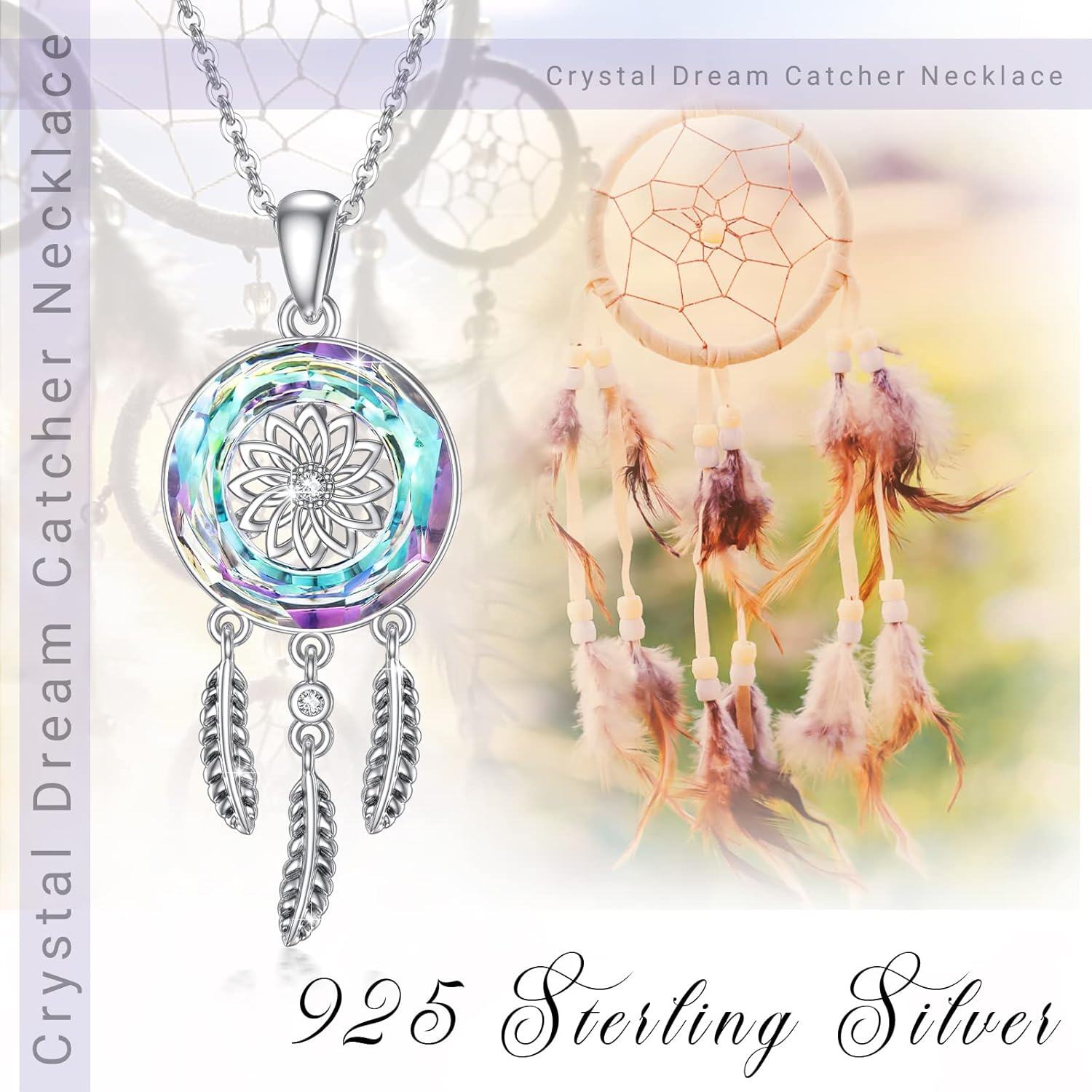 wholesale 925 Sterling Silver Dreamcatcher Feather Pendant Necklaces with Austrian Crystals for Women and Girls-0-4