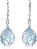 wholesale 925 Sterling Silver Teardrop Shape Blue Shell Inlay Cat Design Leverback Drop Earrings for Women and Girls - 4 cm Long-0-0