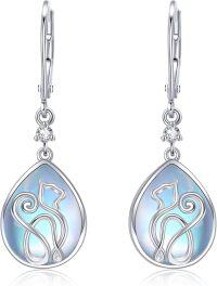 wholesale 925 Sterling Silver Teardrop Shape Blue Shell Inlay Cat Design Leverback Drop Earrings for Women and Girls - 4 cm Long-Cat