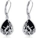 wholesale 925 Sterling Silver Dragonfly & Flower Design Teardrop Black Onyx Leverback Earrings for Women Gifts 4cm Long-0-0