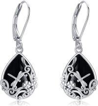 wholesale 925 Sterling Silver Dragonfly & Flower Design Teardrop Black Onyx Leverback Earrings for Women Gifts 4cm Long-Dragonfly