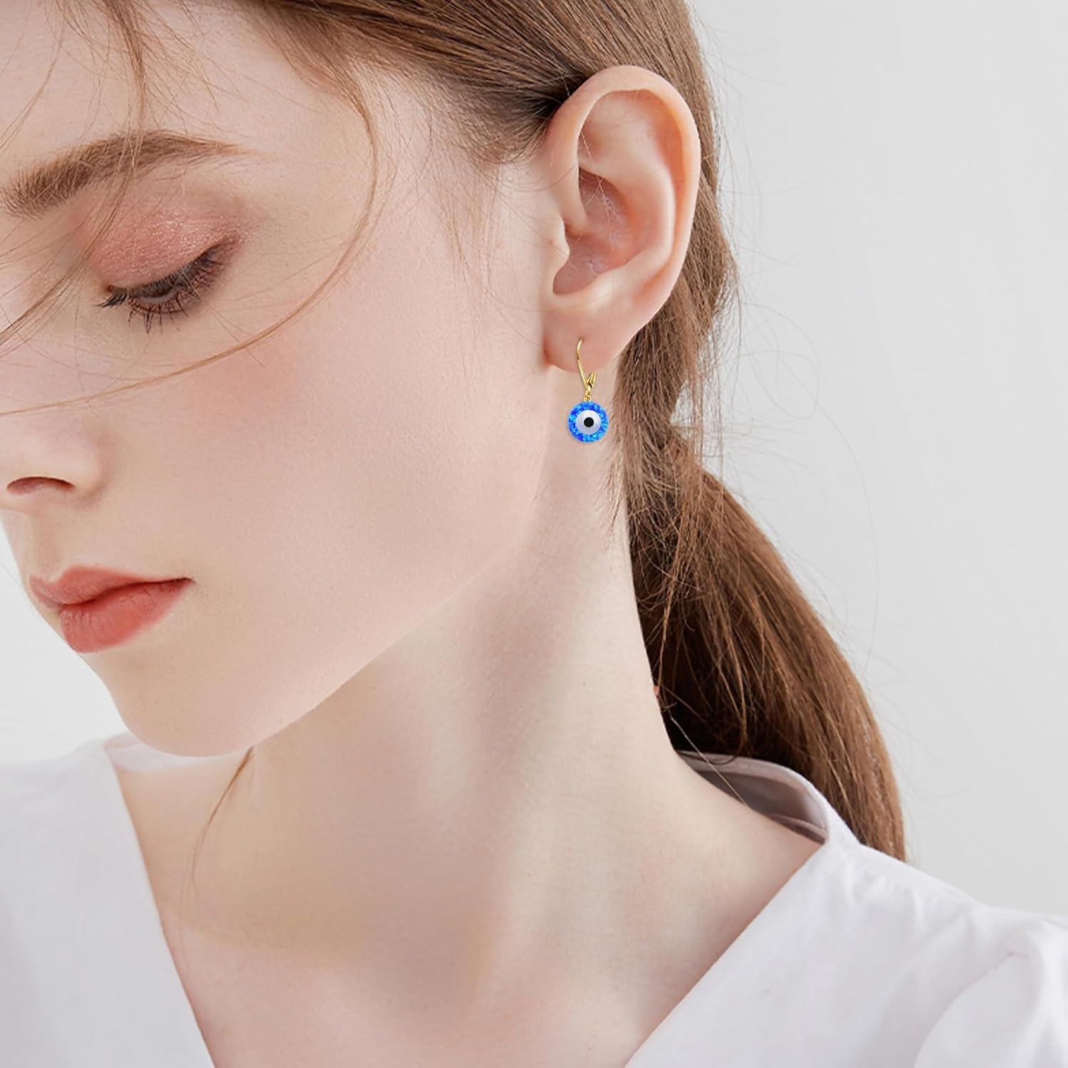 wholesale 14K Gold Blue Opal Evil Eye Leverback Earrings-0-1