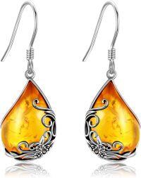 wholesale 925 Sterling Silver Teardrop Dangle Earrings with Amber and Black Onyx Stones-Antique Flower Amber Earrings