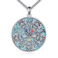 wholesale 925 Sterling Silver Round Pendant with Turquoise and Multi-Colored Stones - 6 Pointed Star of David Necklace for Men & Women-Pentagram