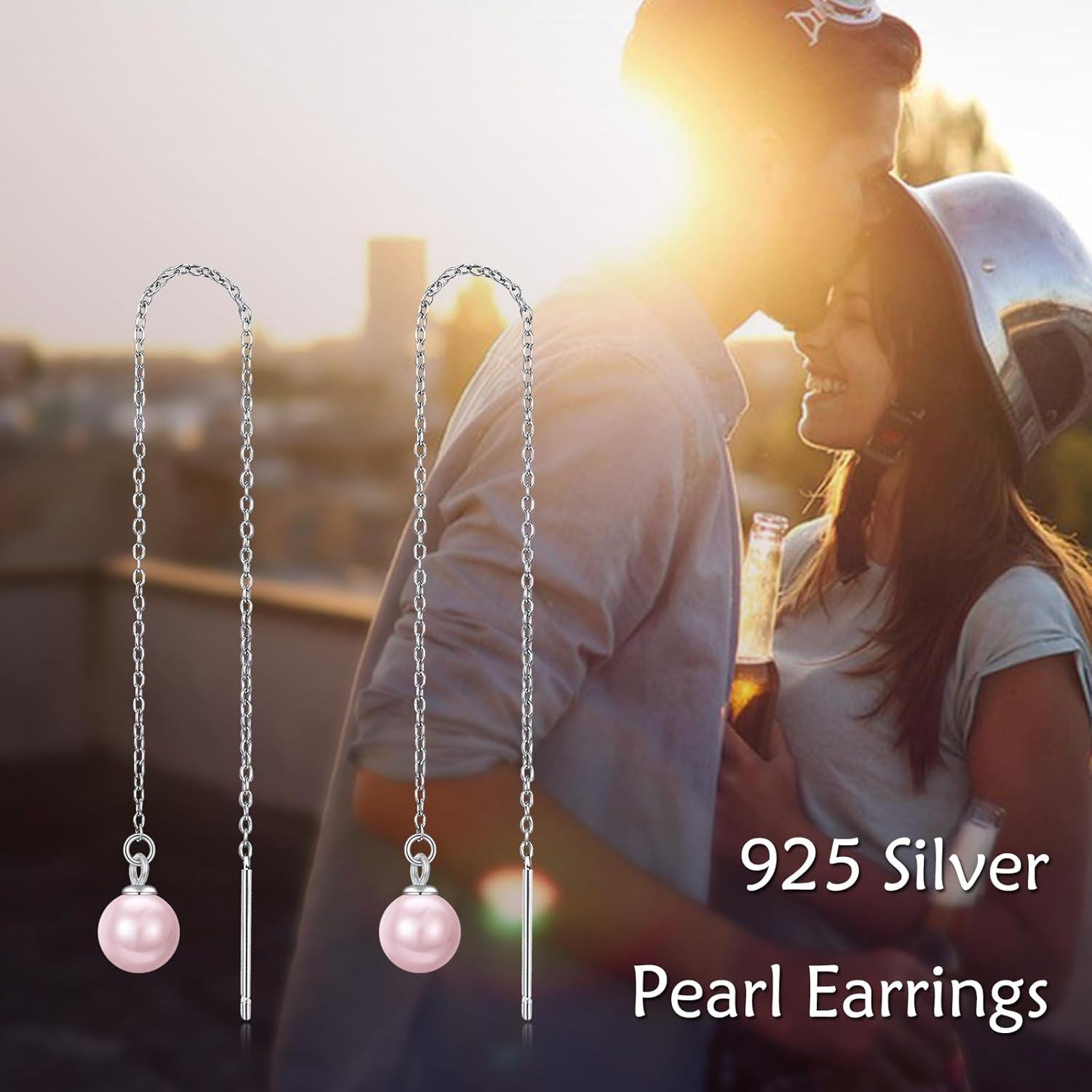 925 Sterling Silver Pink Pearl Threader Earrings with Chain and Bar Design-0-5