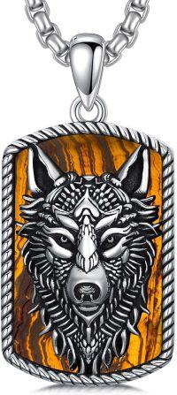 wholesale 925 Sterling Silver Black Onyx and Tiger's Eye Stone Wolf Head Pendant Necklace for Men Women -Tiger Eye Stone