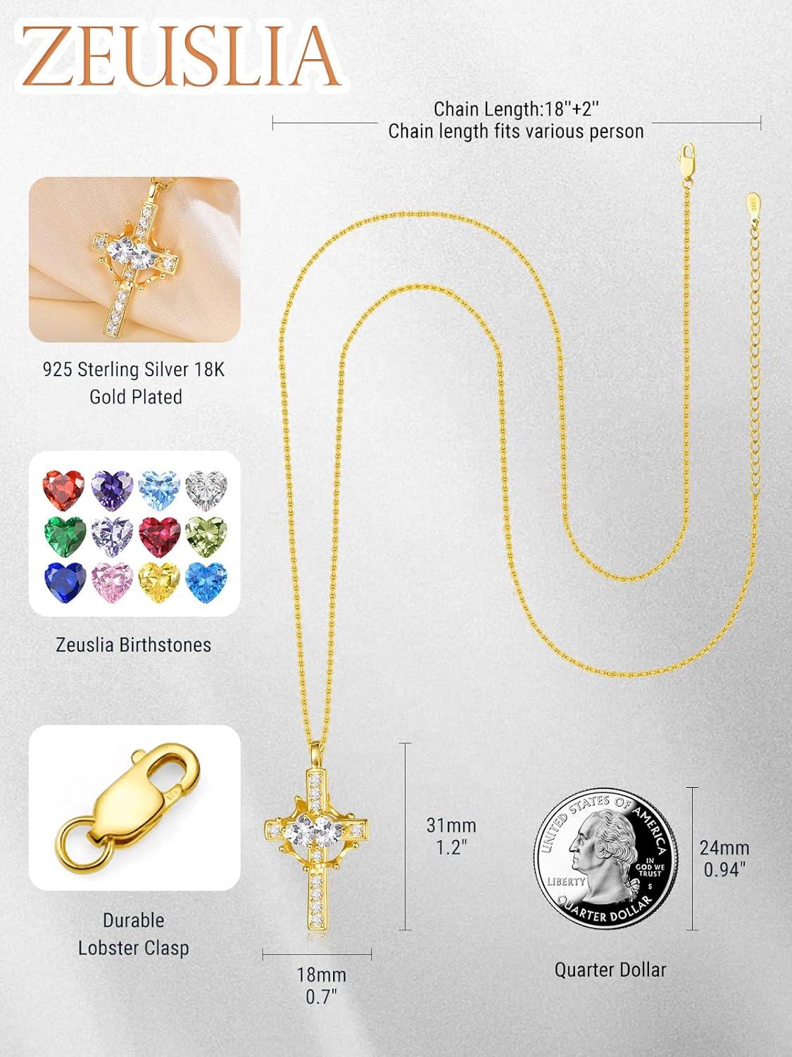  Sterling Silver Birthstones Gold Cross Necklace for Women -0-3