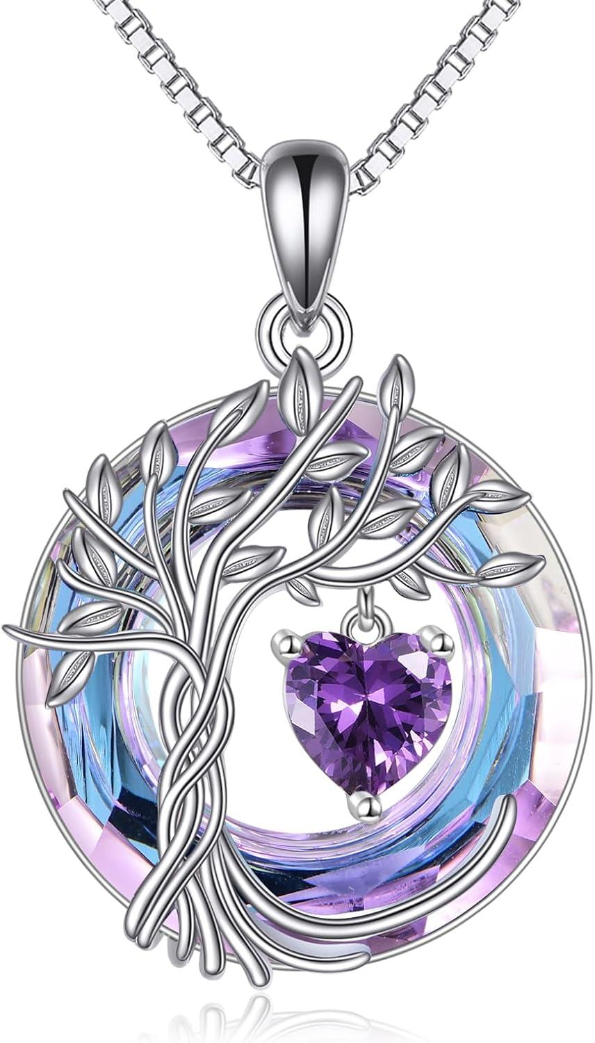 Sterling Silver Crystal Tree of Life Necklace for Women-02-Feb-Amethyst