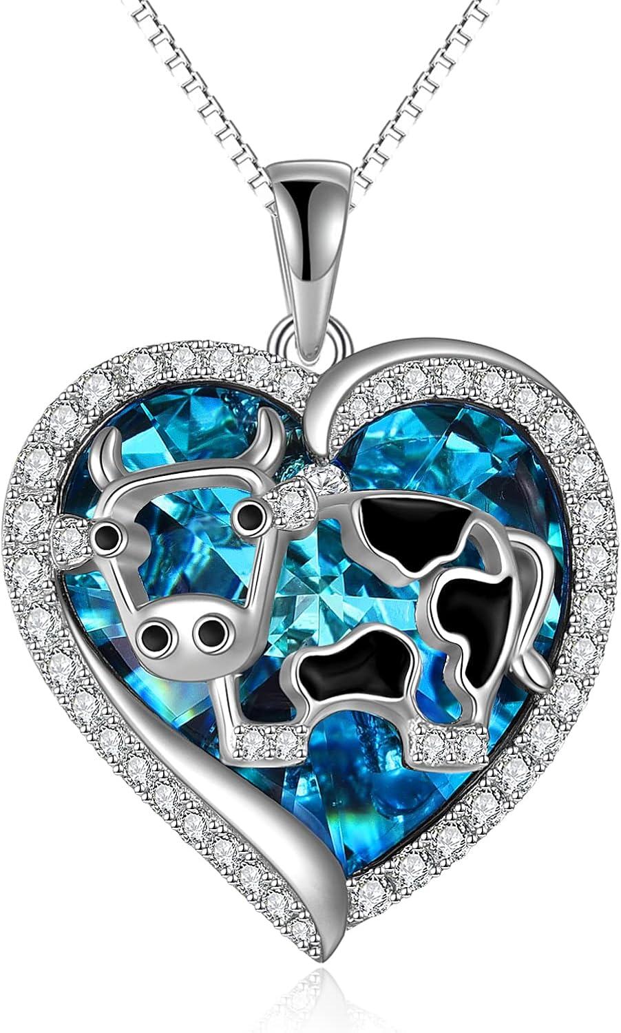 Sterling Silver Cow Necklace Jewelry Gift for Women Girls Mom Sister -Heart Crystal Cow
