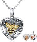 wholesale 925 Sterling Silver Oxidized Photo Locket Necklace w/ Gold Honeybee & Flowers - Gifts for Her-0-0