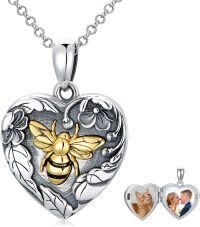 wholesale 925 Sterling Silver Oxidized Photo Locket Necklace w/ Gold Honeybee & Flowers - Gifts for Her-Bee Locket+Color Photo