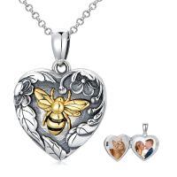 wholesale 925 Sterling Silver Oxidized Photo Locket Necklace w/ Gold Honeybee & Flowers - Gifts for Her-Bee Locket+Color Photo