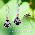 wholesale 925 Sterling Silver Lotus Flower Dragonfly Drop Earrings with Black Onyx and Rose Gold Accents-0-1