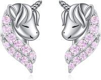 wholesale 925 Sterling Silver Pink Crystal Unicorn Stud Earrings - Birthday Gift for Her-Unicorn