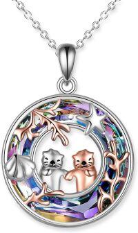 wholesale 925 Sterling Silver Crystal Otter Pendant Necklace for Women Mom Sister Gifts-purple crystal otter