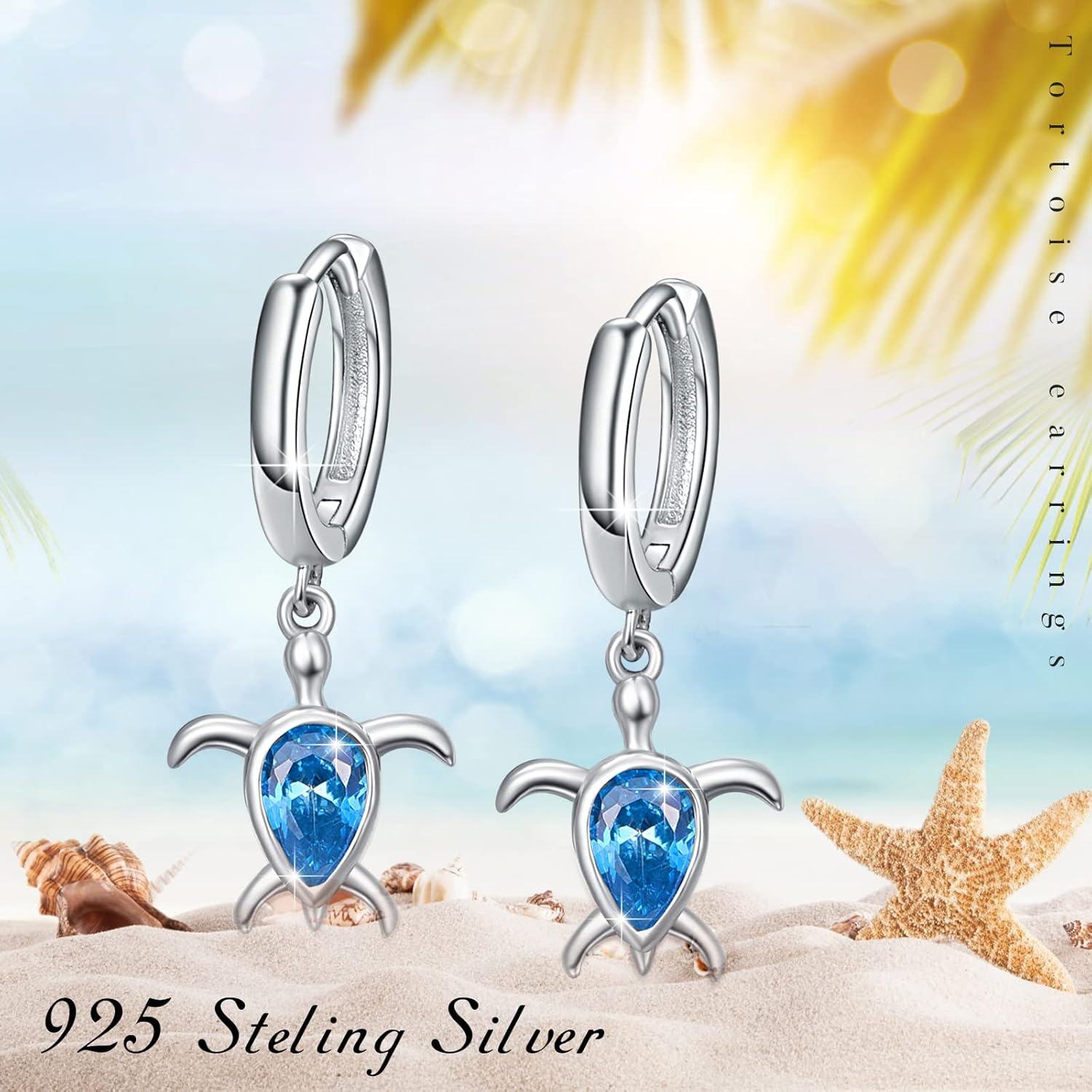 wholesale 925 Sterling Silver Blue Crystal Sea Turtle Huggie Hoop Earrings Oceanic Gift for Her-0-5