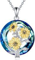 wholesale 925 Sterling Silver Sunflower Metal Crystal Pendant Necklace with Blue Stone and Gold Plated Accents-0-0