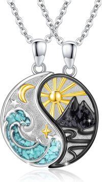 wholesale 925 Sterling Silver Yin Yang Turquoise & Black Onyx Mountain Necklaces for Couples BFF-08- Gemstone(Malachite+Snowflake Obsidian)