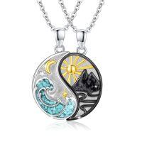 wholesale 925 Sterling Silver Yin Yang Turquoise & Black Onyx Mountain Necklaces for Couples BFF-08- Gemstone(Malachite+Snowflake Obsidian)
