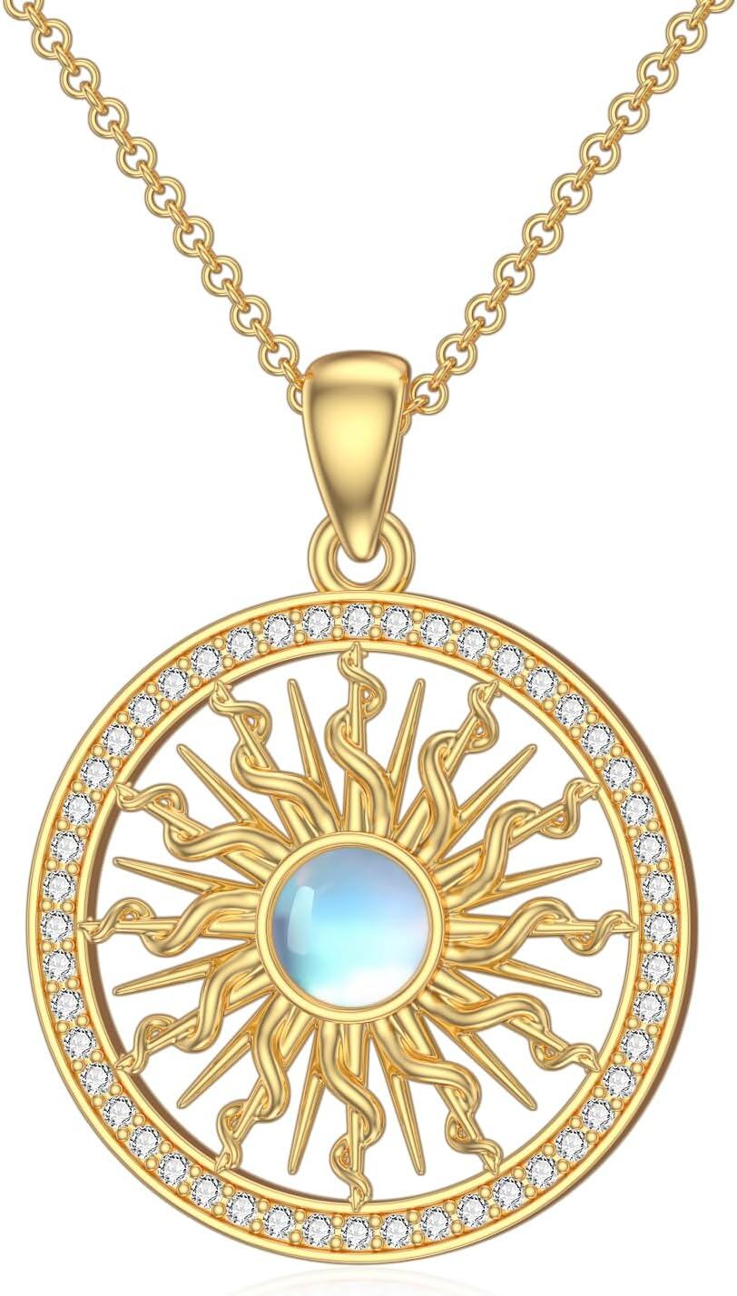 Sterling Silver Moss Agate Turquoise Clover Ankh Sun Compass Necklace w Butterfly Dragonfly Bee Pendant Women s Gift-Sun