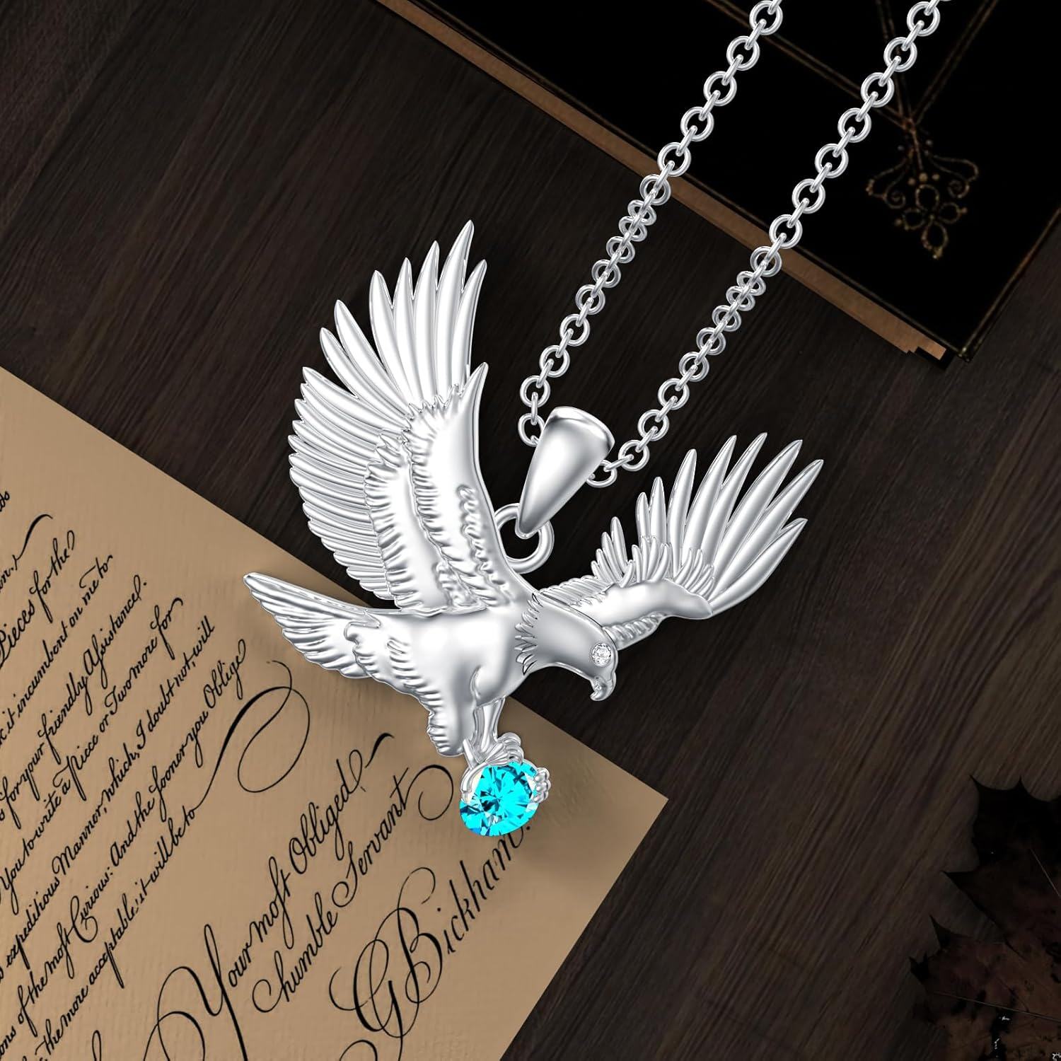  Sterling Silver Lab Grown Diamond Eagle Necklace Pendant for Women -0-2