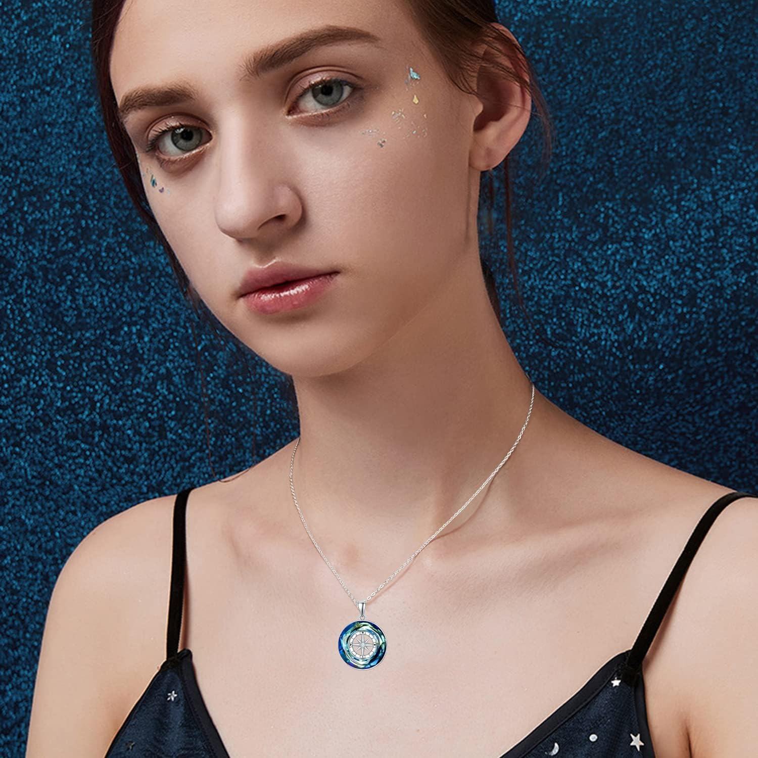 wholesale 925 Sterling Silver Blue Crystal Nautical Compass Pendant Necklace for Women's s-0-5