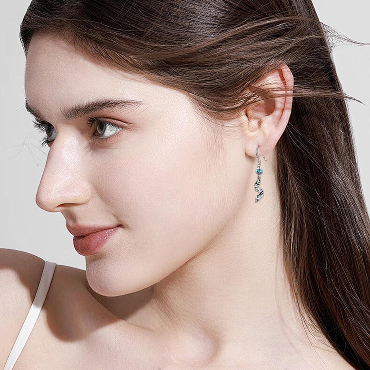 wholesale 925 Sterling Silver Feather & Turquoise Stone Drop Earrings for Women-0-4