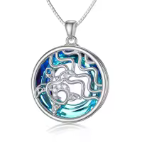 TOUPOP Sterling Silver Blue Crystal Wave Sea Turtle Circle Pendant Necklace-undefined