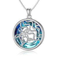 TOUPOP Sterling Silver Blue Crystal Wave Sea Turtle Circle Pendant Necklace-undefined