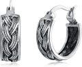wholesale 925 Sterling Silver Bali Style Braided Patterned Huggie Hoop Earrings with Blackened Finish - 14mm Diameter-0-0