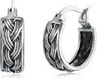 wholesale 925 Sterling Silver Bali Style Braided Patterned Huggie Hoop Earrings with Blackened Finish - 14mm Diameter-Boho Bali Hoop Earrings-04