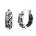 wholesale 925 Sterling Silver Bali Style Braided Patterned Huggie Hoop Earrings with Blackened Finish - 14mm Diameter-0-0