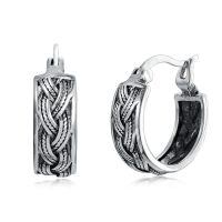wholesale 925 Sterling Silver Bali Style Braided Patterned Huggie Hoop Earrings with Blackened Finish - 14mm Diameter-Boho Bali Hoop Earrings-04
