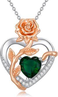 wholesale Sterling Silver Birthstone Forever Love Heart Rose Pendant Necklace for Women-05-May