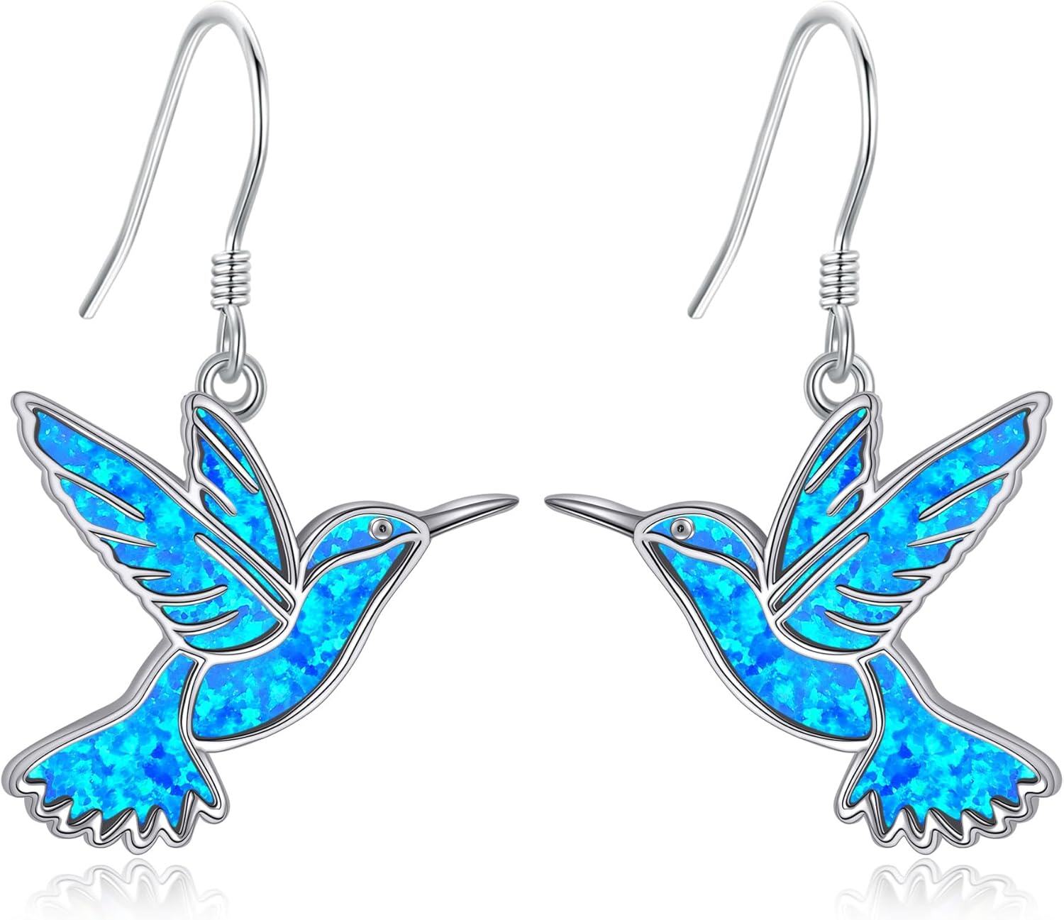wholesale Sterling Silver Hummingbird Dangle Earrings Bird Jewelry Gifts-Blue Opal