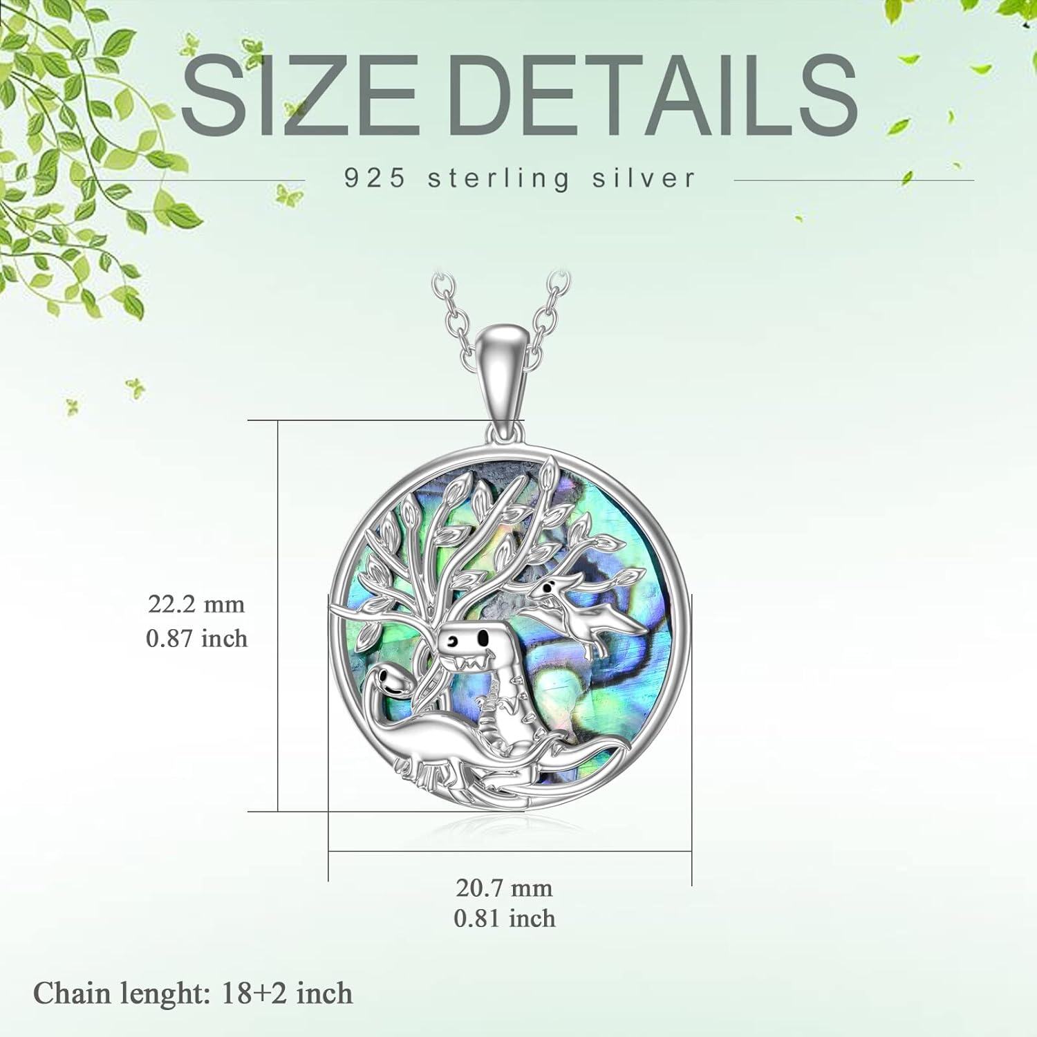 925 Sterling Silver Round Abalone Shell Dragon & Tree of Life Pendant Necklace-0-2