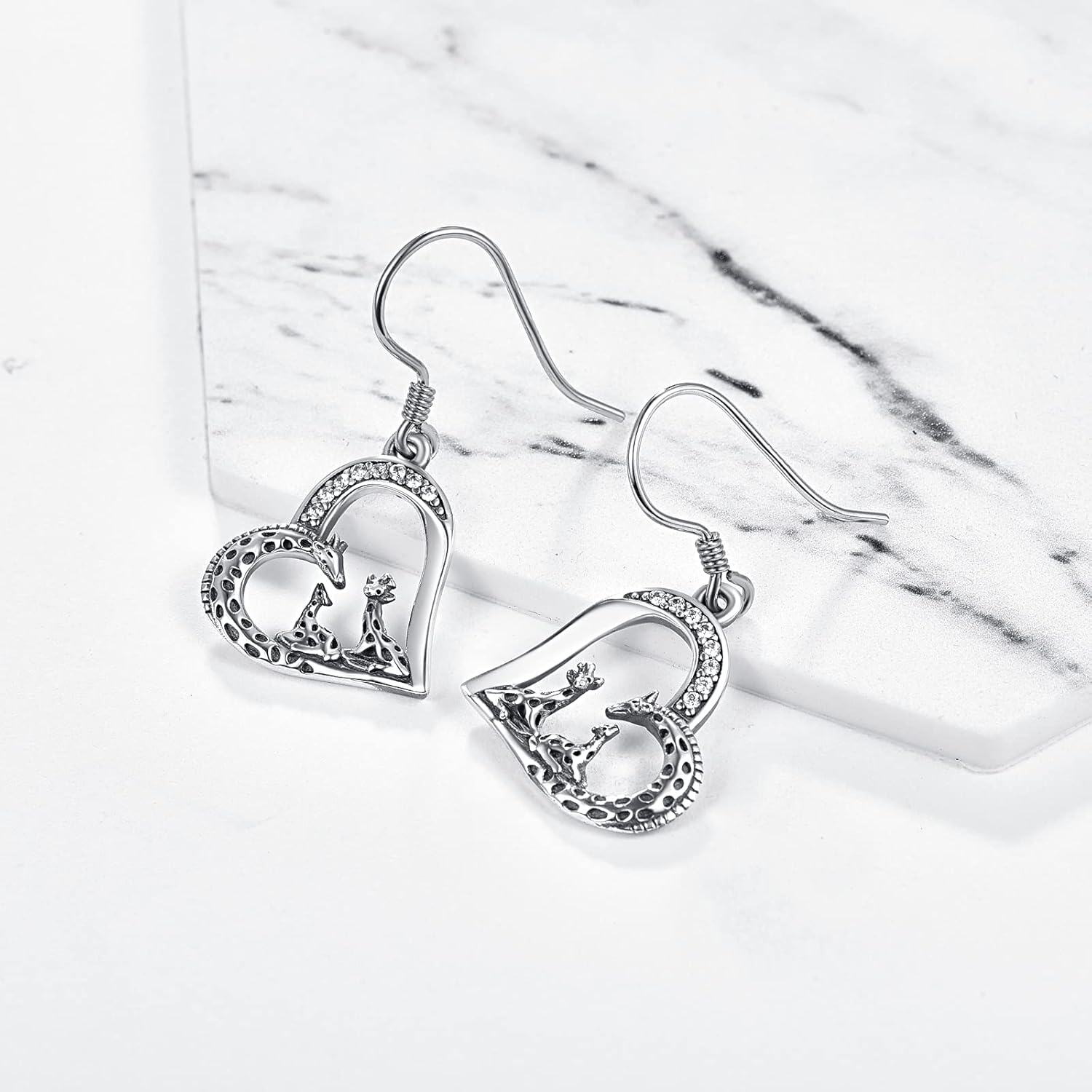 925 Sterling Silver Heart-Shaped Giraffe Family Dangle Drop Earrings for Women Gifts-0-4