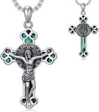 wholesale 925 Sterling Silver Cross Pendant with Opal Stone and Religious Figures - Christmas Gift for Women & Men-St Benedict Crucifix